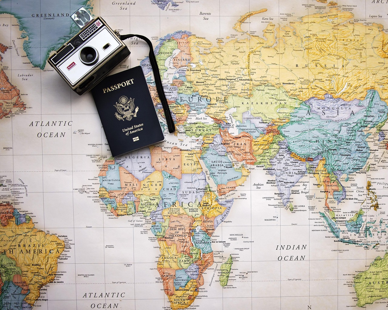passport, map, world, trip, world map, tourism, vacation, travel, planning, camera